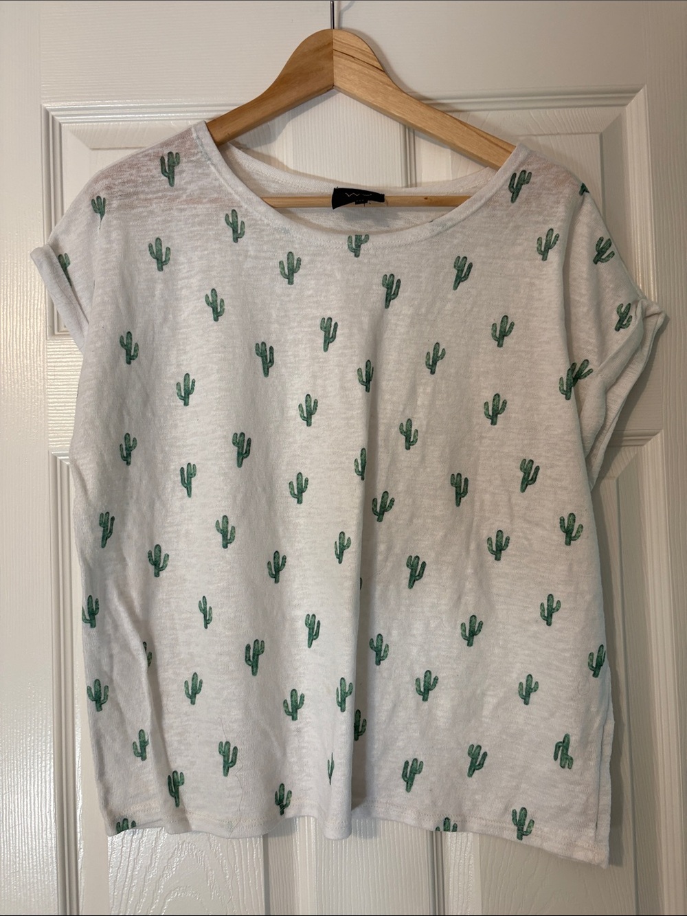 W5 White Tee with Green Cactus Print